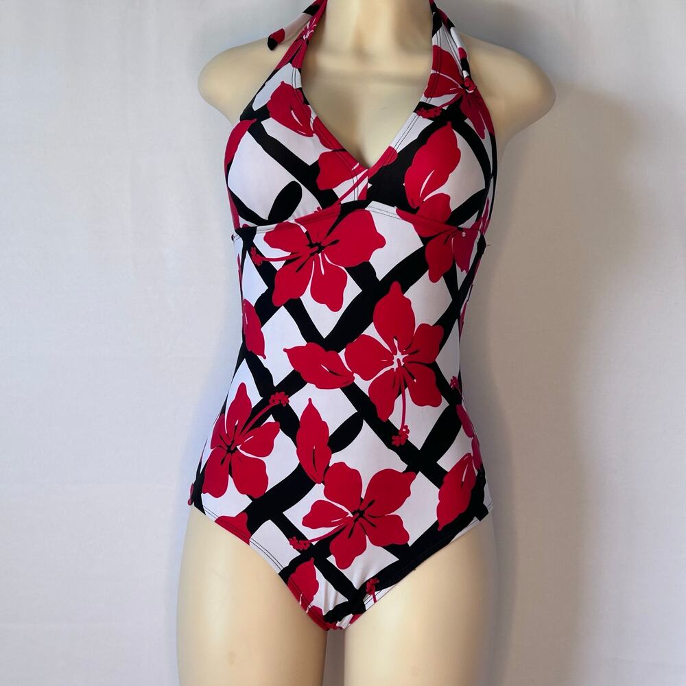 Hapari Black White Red Floral Halter One-Piece Swimsuit Size Small